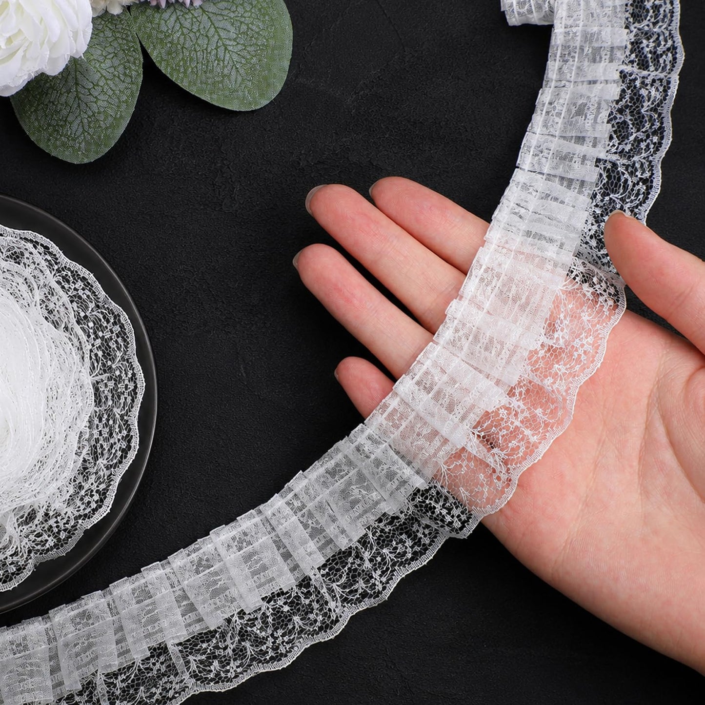 White Lace Ribbon, 6m 2-Layer Pleated Ruffle Lace Trim for Sewing