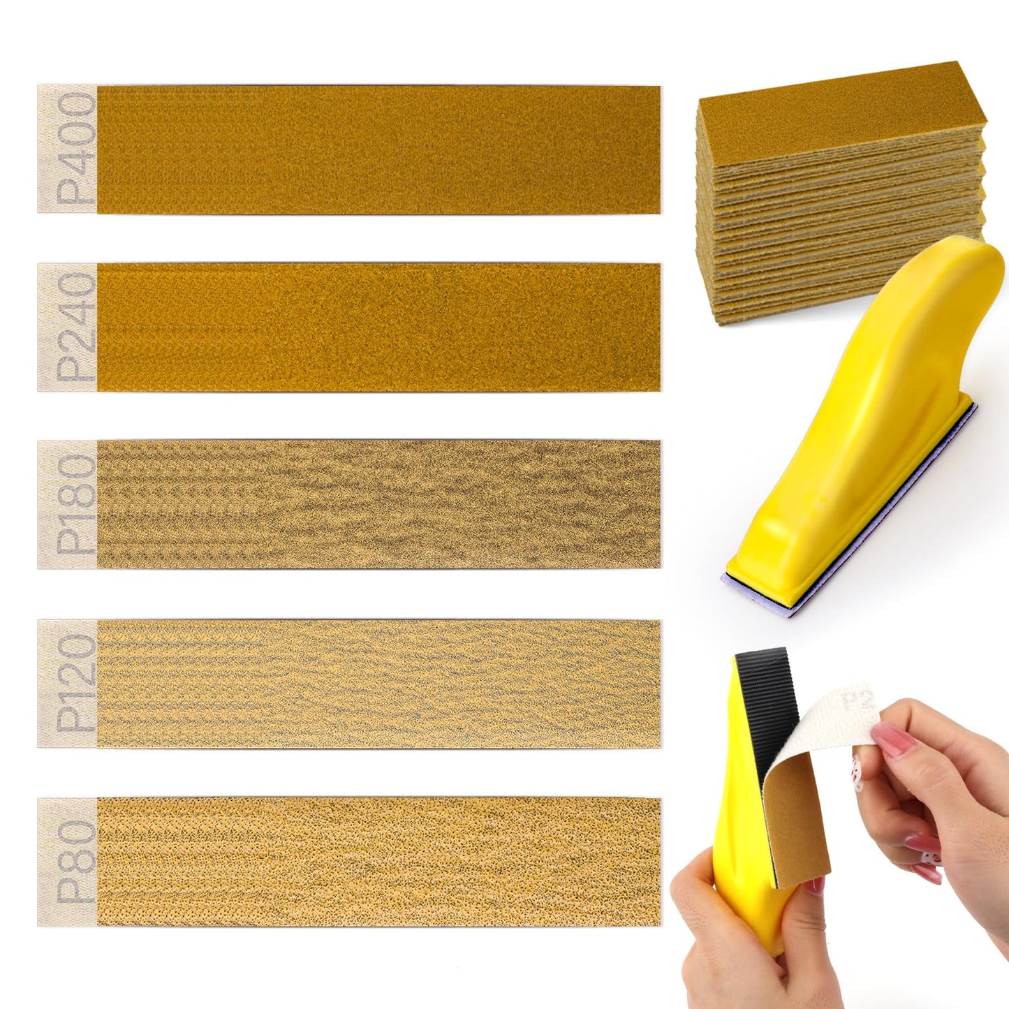 Aster Micro Sander Kit with 50 Pcs Sanding Paper, 3.5"x1" Mini Detail Handle Sanding Tools + Sandpaper, 80 120 180 240 400 Grit Wet Dry Hook & Loop Sandpaper for Wood DIY Handicrafts Polishing Sanding