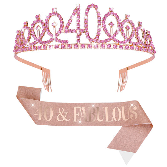 ASTER 40th Birthday Sash and Tiara Kit - Rose Gold 40& Fabulous Sash and Rhinestone Crown Birthday Gift for Women Happy 40th Party Decorations
