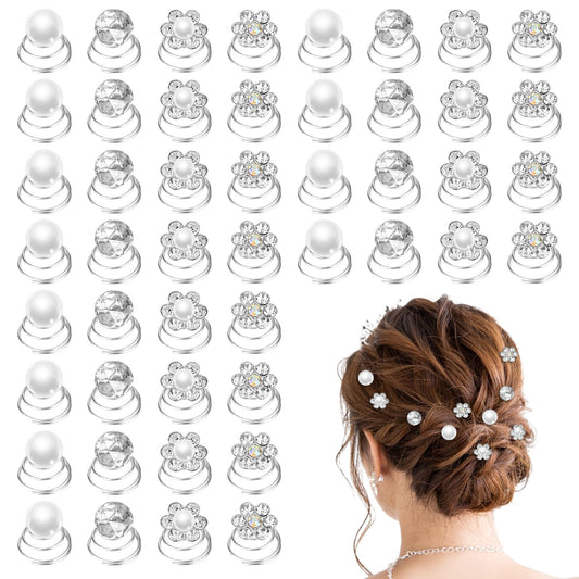 Aster 48 Pcs 4 Styles Spiral Hair Pins Set, Sparkly Hair Gems Rhinestone Pearls Accessories for Wedding, Bridal, Prom, Party and Special Occasion
