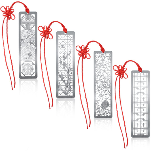 ZEYIYER 4 Pcs Hollow Art Bookmarks, Metal Bookmarks with Red Knot Tassel, Chinese Traditional Style Bookmark for Book Lovers Women Men Book Reading Presents