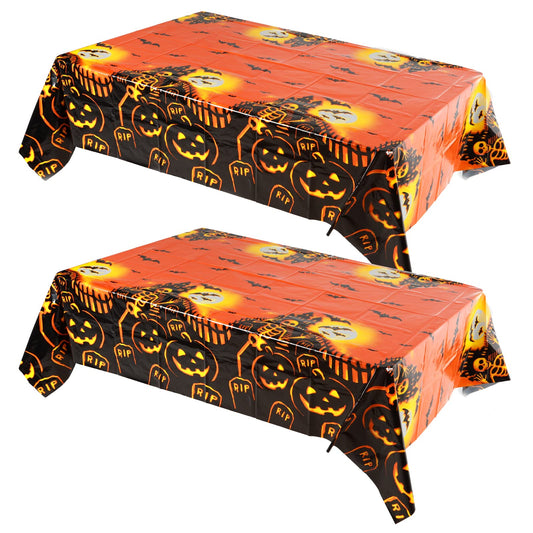 ASTER 54x72 Inch Halloween Pumpkin Tablecloth 2Pcs PE Rectangle Pumpkin Bat Skeleton Picnic Table Cover Reusable Pumpkin Decorative Tablecloth for Halloween Party