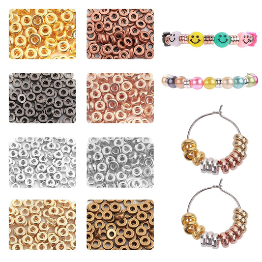 Aster 800 Pcs Rondelle Spacer Beads, 6mm 8 Color Flat Round Mixed Beads for Jewelry Making, Metal Polymer Large Hole Beads Craft Supplies for Necklaces DIY Loose Beads