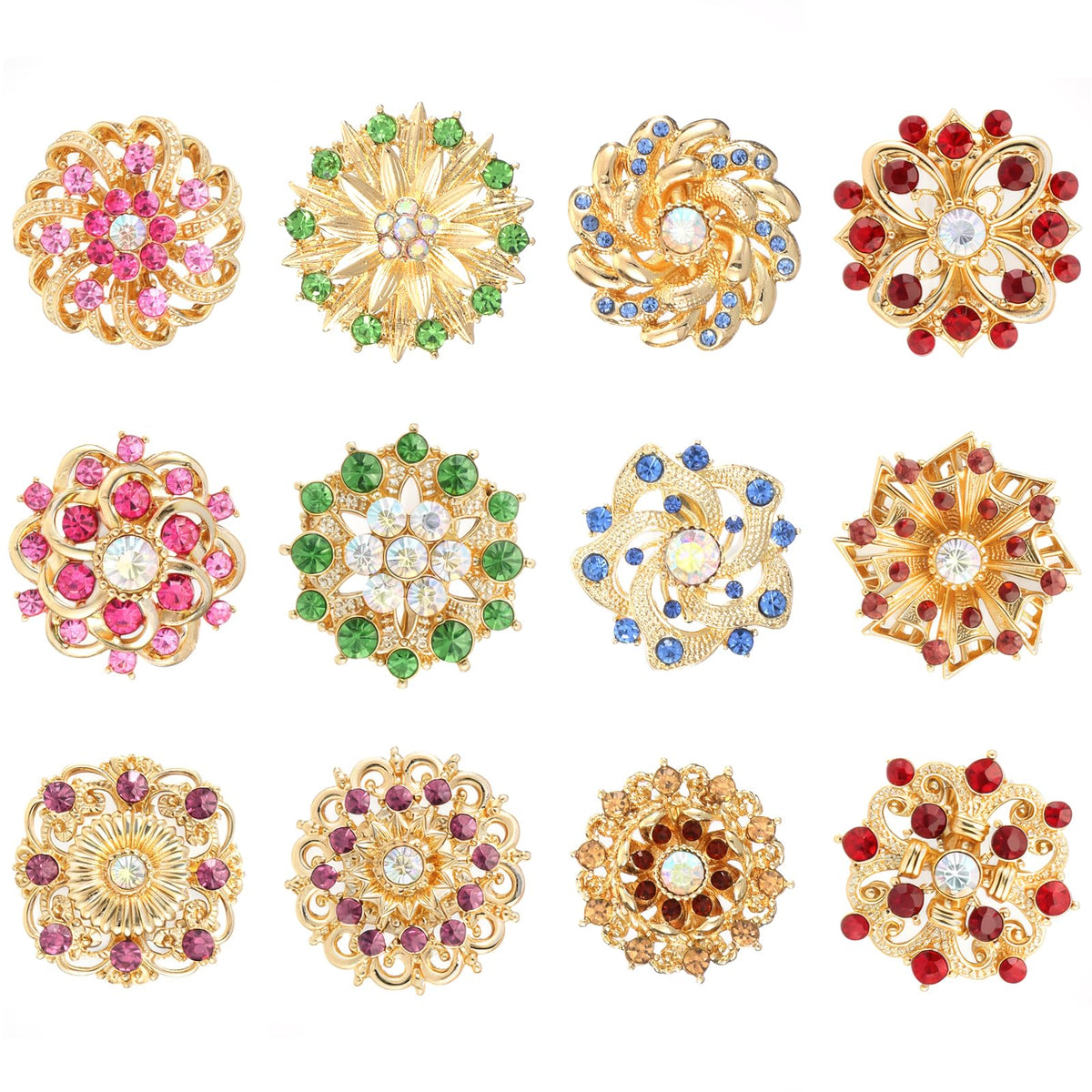 12 Pieces Colour Rhinestone Brooch Kit Brooch Small Gold Brooch Neckline