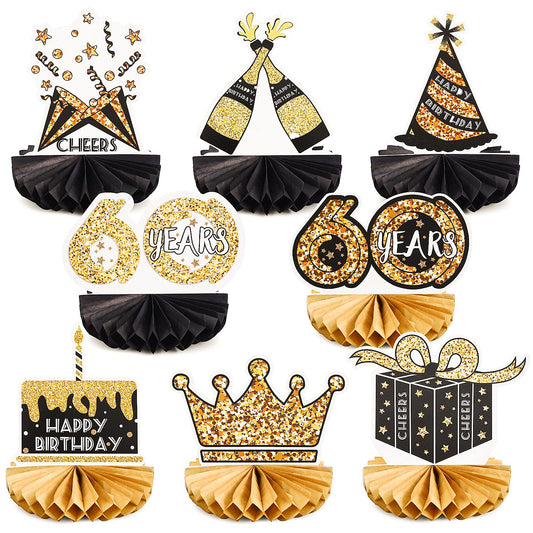 ASTER 8 Pieces 60th Birthday Decorations,60th Birthday Glitter Honeycomb Centerpieces Decors for Sixty years Men and Women Birthday Party Decoration Supplies