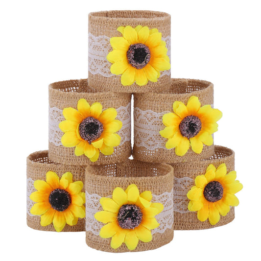 ASTER 6 Pieces Sunflower Napkin Rings Set,Lace Linen Sunflower Napkin Holder Ring for Parties Table Settings Decor