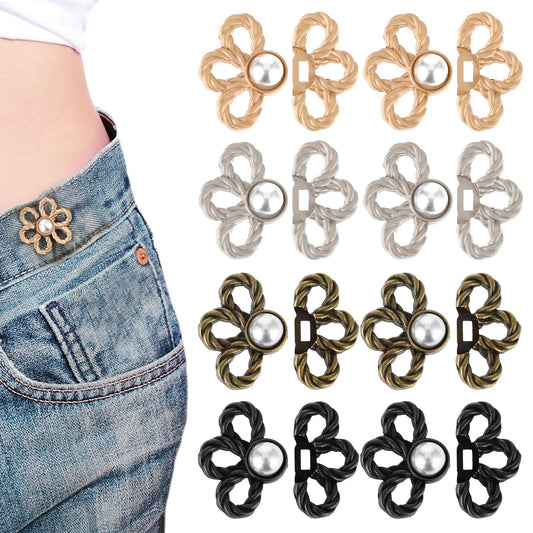 Aster 8 Pcs Pant Waist Tightener, 4 Color Flower Jeans Button Tightener Adjustable Pants Button Tightener Need Sew Jean Buttons for Loose Jeans, Pants, Skirts, Sleeves