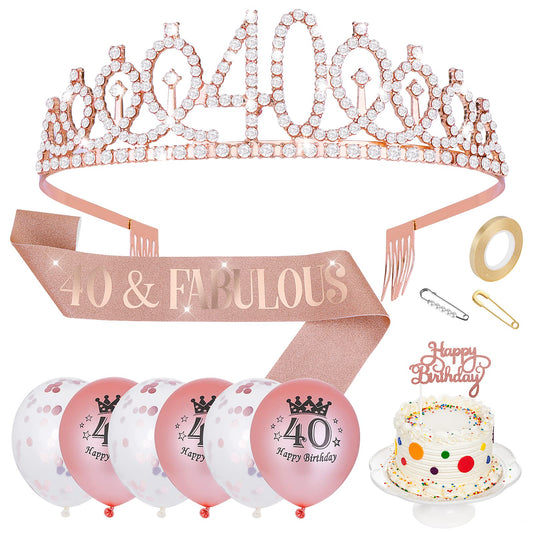 ASTER 40th Birthday Sash and Tiara Kit - Rose Gold 40& Fabulous Sash and Rhinestone Crown Balloons Cake Topper, Birthday Gift for Women Happy 40th Party Decorations