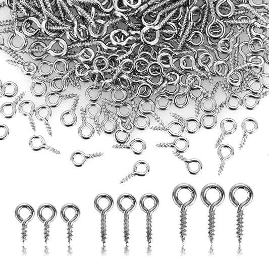 ASTER 300 Pieces Small Eyelet Screws Eye Pins Hooks, 3 Sizes Eye Screw Hooks Eyelets Screw Threaded Mini Stainless Steel Eyelet Screws Hooks for Jewelry Making DIY Art Craft 8/10/12MM