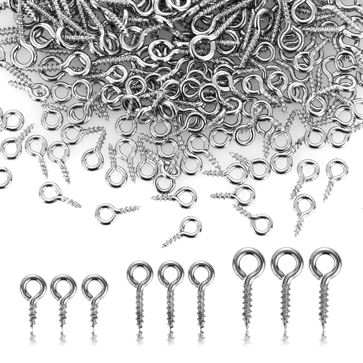 ASTER 300 Pieces Small Eyelet Screws Eye Pins Hooks, 3 Sizes Eye Screw Hooks Eyelets Screw Threaded Mini Stainless Steel Eyelet Screws Hooks for Jewelry Making DIY Art Craft 8/10/12MM