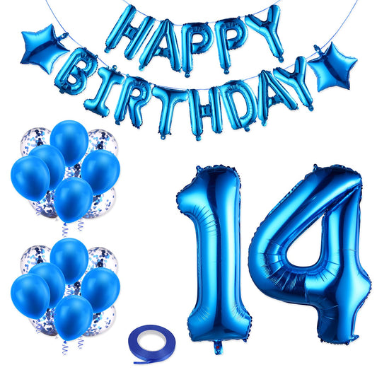 ASTER Blue 14th Birthday Party Decoration, Number 14 Happy Birthday Banner Balloons with Blue Latex Balloons/Confetti Balloon 14 Years Birthday Party Decoration Supplies for Boys Girls