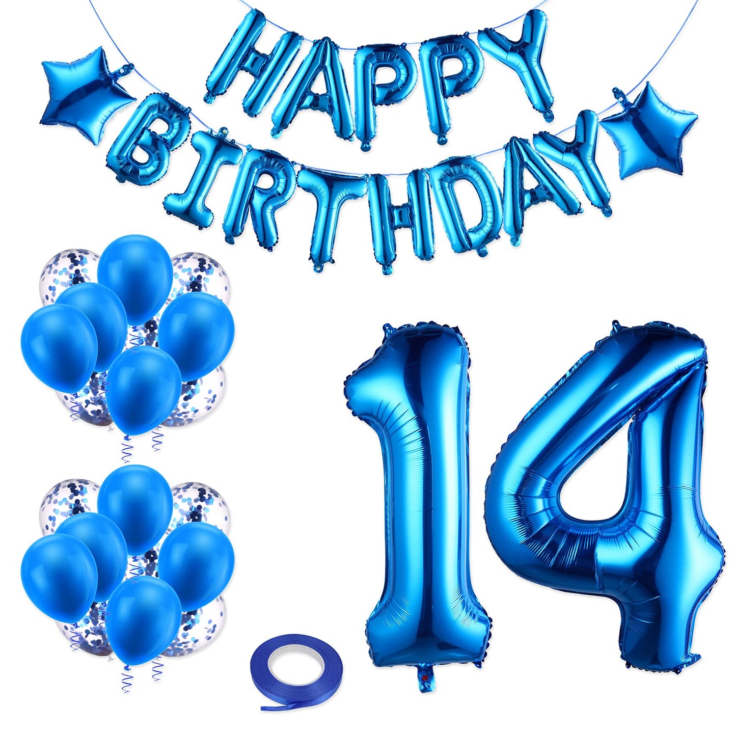 ASTER Blue 14th Birthday Party Decoration, Number 14 Happy Birthday Banner Balloons with Blue Latex Balloons/Confetti Balloon 14 Years Birthday Party Decoration Supplies for Boys Girls