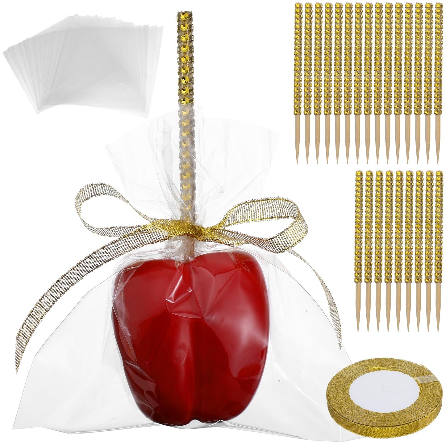 Pack of 24 Glittering Apple Sticks, Candy Sticks with Bags, Lollipop Sticks with Rhinestones, Caramel Apple Sticks, for Dessert Table Tea Party Birthday Wedding Buffet (Gold)