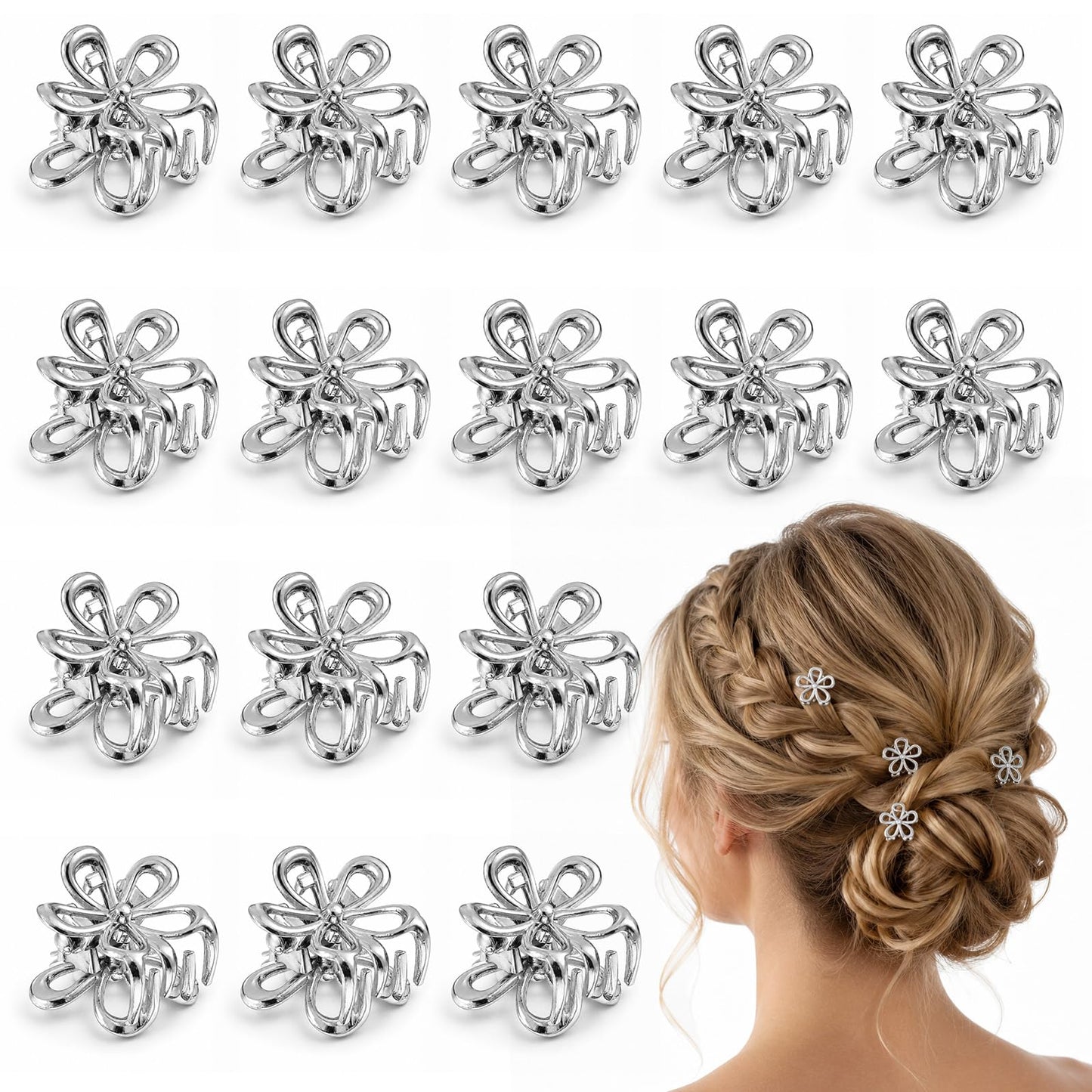 16 PCS Mini Flower Claw Clips for Hair, Small Silver Metal Hair Claw Clips