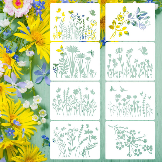 ASTER Wild Flower Stencil Set, 8 Pieces Reusable PET Template for Painting, 5.9x4.72inch, Ideal for Wood/Canvas/Wall/Scrapbooking/Home Decor Projects