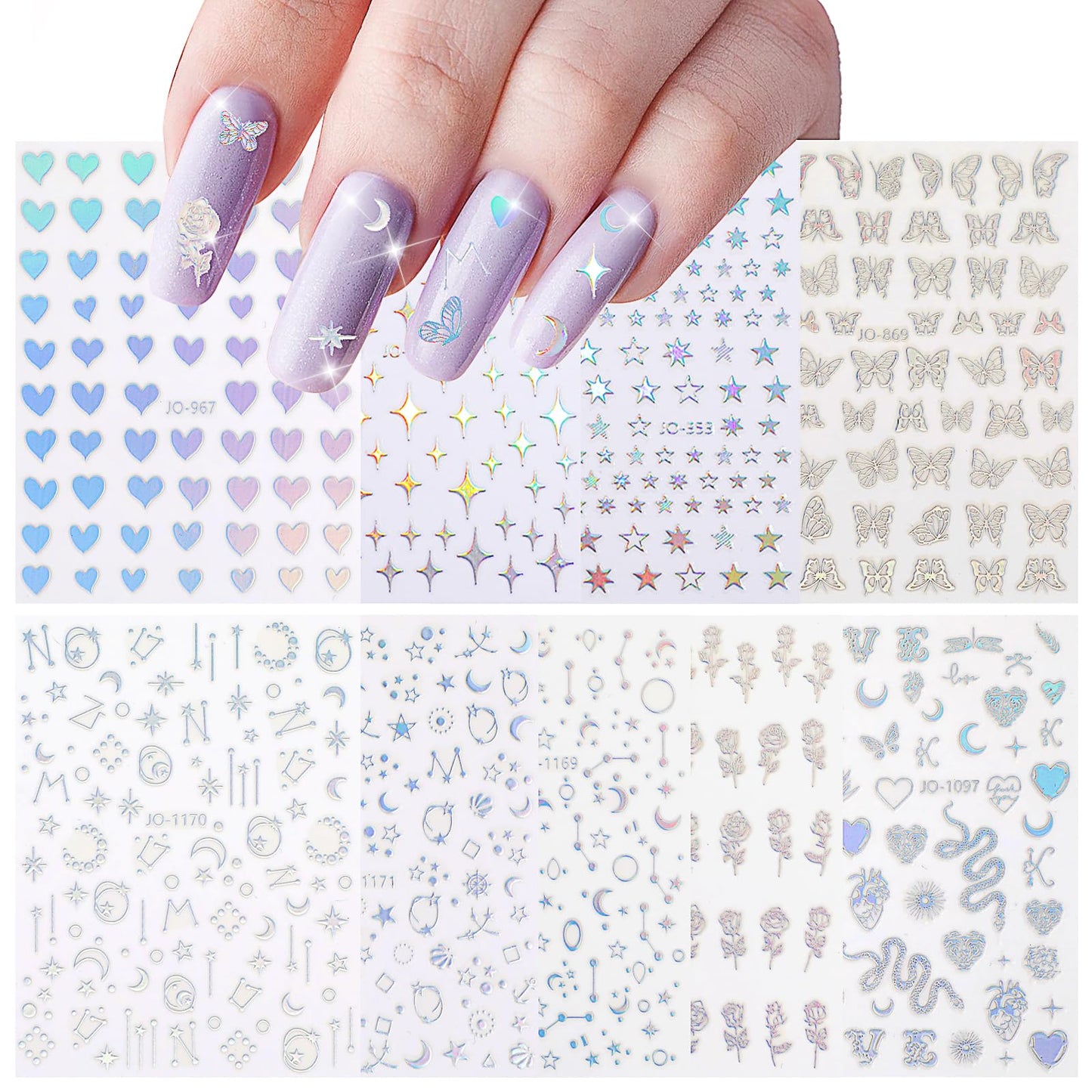 Aster 9 Sheets Aurora Holographic Nail Art Stickers, Self-Adhesive Pegatinas Uñas Nail Decals, Holographic Nail Stickers, Heart Star Butterfly Flower 3D Nail Decoration Accessories