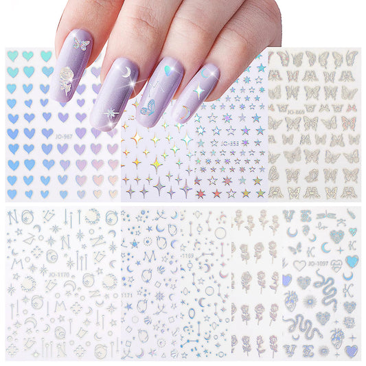 Aster 9 Sheets Aurora Holographic Nail Art Stickers, Self-Adhesive Pegatinas Uñas Nail Decals, Holographic Nail Stickers, Heart Star Butterfly Flower 3D Nail Decoration Accessories