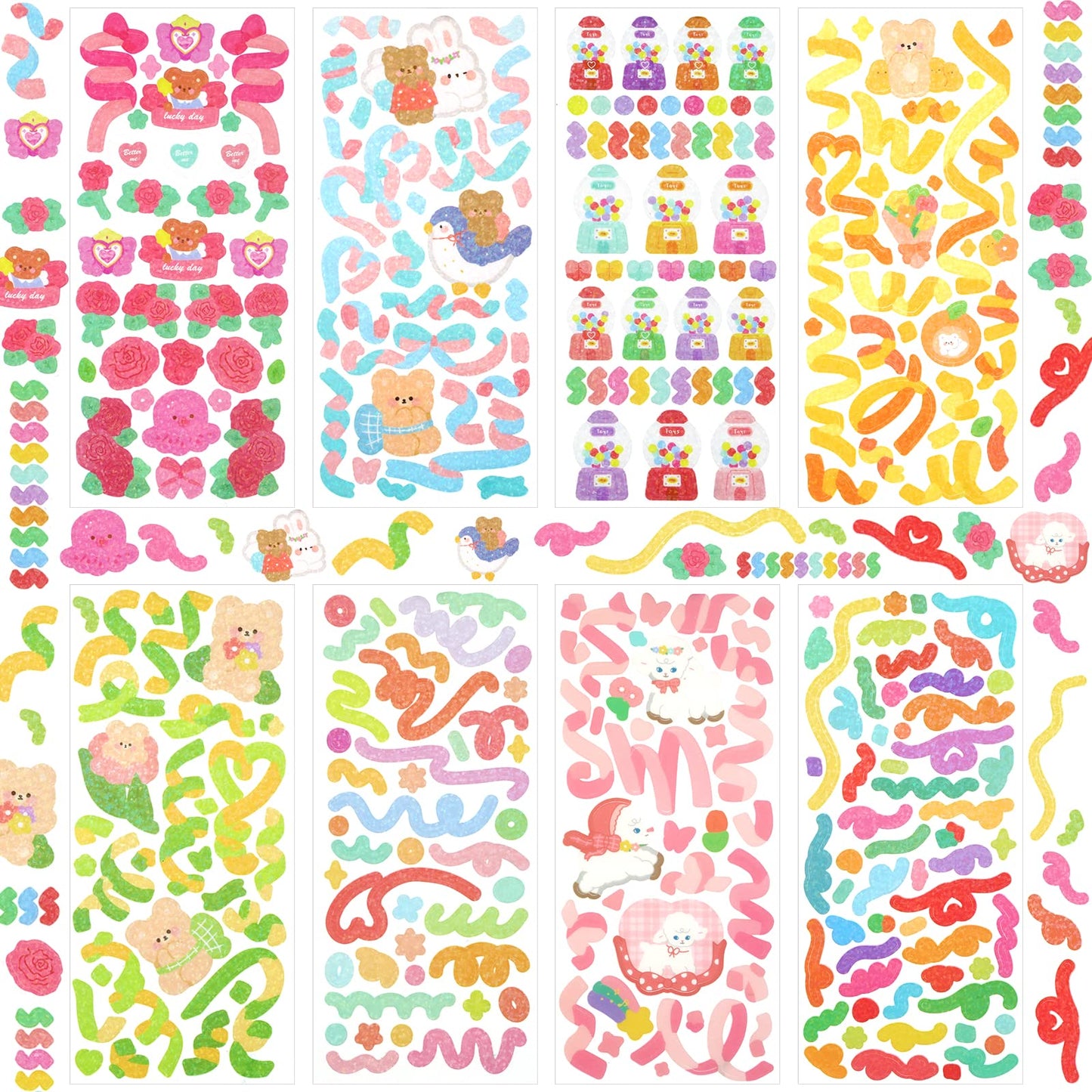 ASTER 8 Sheets Colorful Kawaii Deco Strickers Kpop Style Ribbon Stickers Korean Deco Kawaii Stickers for Arts Craft Greeting Cards Photo Card DIY Scrapbooking