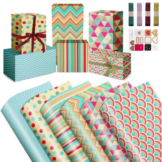 Aster Birthday Wrapping Paper, 6 Sheets Christmas Gift Wrapping Paper with 4 Ribbon & Sticker & Tapes - Eco Gift Wrapping Paper Sheet for Women, Men, Female, Girls, Boys, Adult, Any Occasion