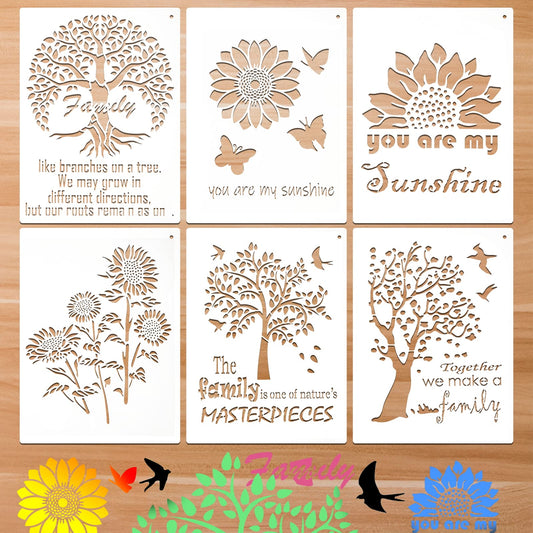 ASTER 6 Pieces Sunflower Drawing Stencil Templates,A4 Size Large Reusable Sunflower Tree Painting Template with Motivational Words and Metal Open Ring for Drawing on Wood Floor Wall Home Decor