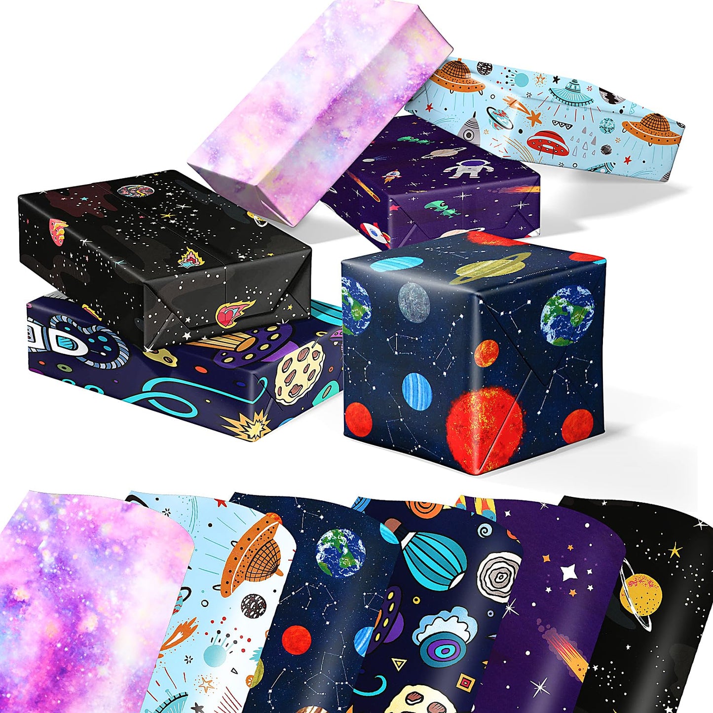 Aster Space Wrapping Paper, 6 Sheet Birthday Wrapping Paper for Boys Girls Kids Outer Gift Wrapping Paper Flat Sheets Wrap Paper Featuring Adventurous Journey Into Outer Space
