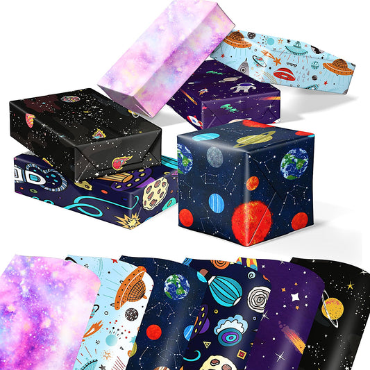 Aster Space Wrapping Paper, 6 Sheet Birthday Wrapping Paper for Boys Girls Kids Outer Gift Wrapping Paper Flat Sheets Wrap Paper Featuring Adventurous Journey Into Outer Space