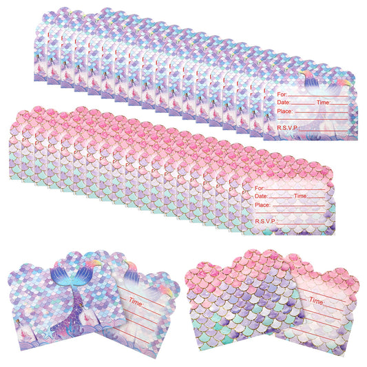 ASTER 40 Pcs Party Invitations Kids, Lovely Mermaid Themed Party Invitations Cards, Personalised Double-Sided Printed Birthday Party Invitations for Girls Boys(Pink,Purple)