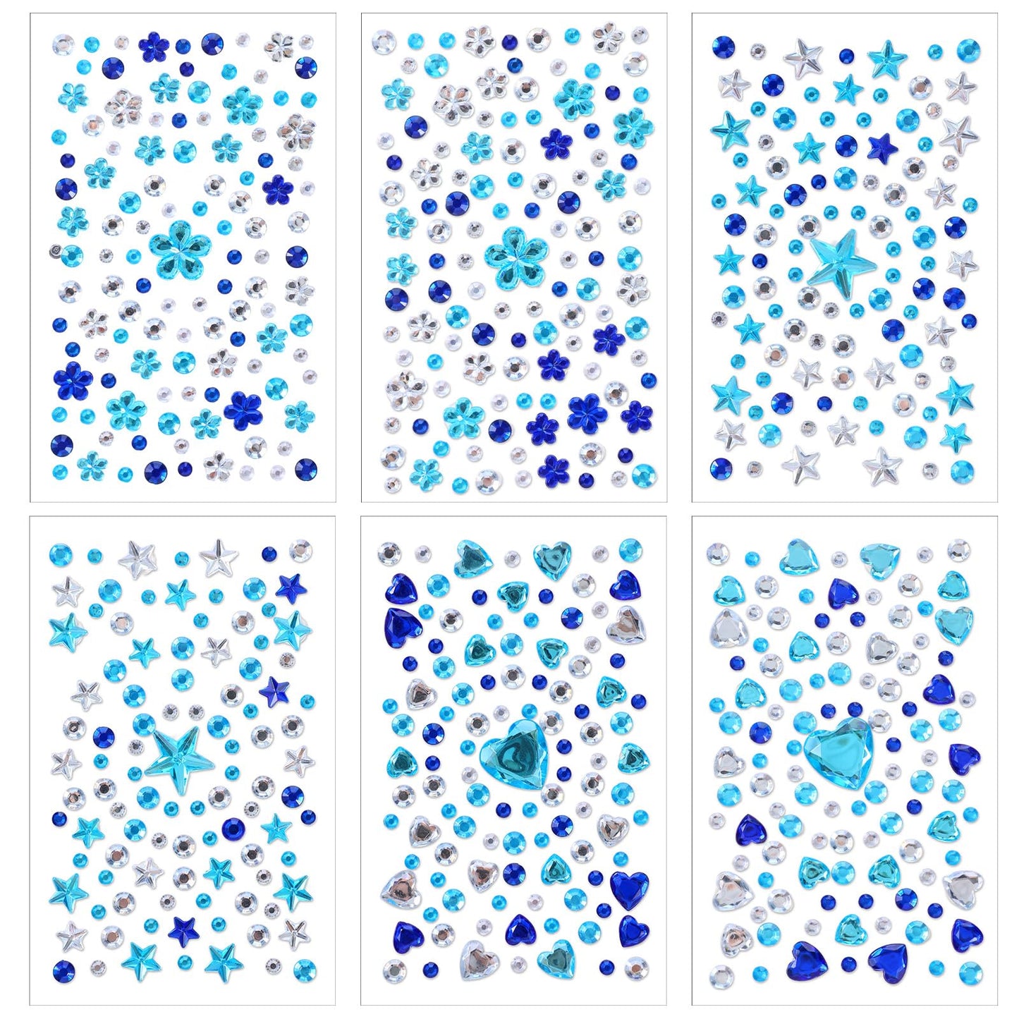 Thinp 6 Sheets Blue Face Gems Stick on, Star Rhinestone Face Gems