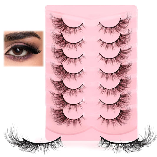 Aster 7 Pairs Cat Eye Lashes, False Eyelashes, Fluffy Faux Mink Lashes, Wispy Eye Lashes, Curl Fake Lashes, Natural Strip Lashes, Soft Lightweight False Eyelashes for Women, Girl(18MM)
