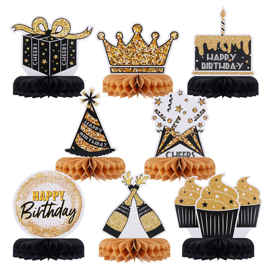 ASTER 8 Pieces Happy Birthday Table Decorations, Honeycomb Centerpieces Birthday Party Supplies Black and Gold Table Toppers for Men and Woman Birthday Party Favor