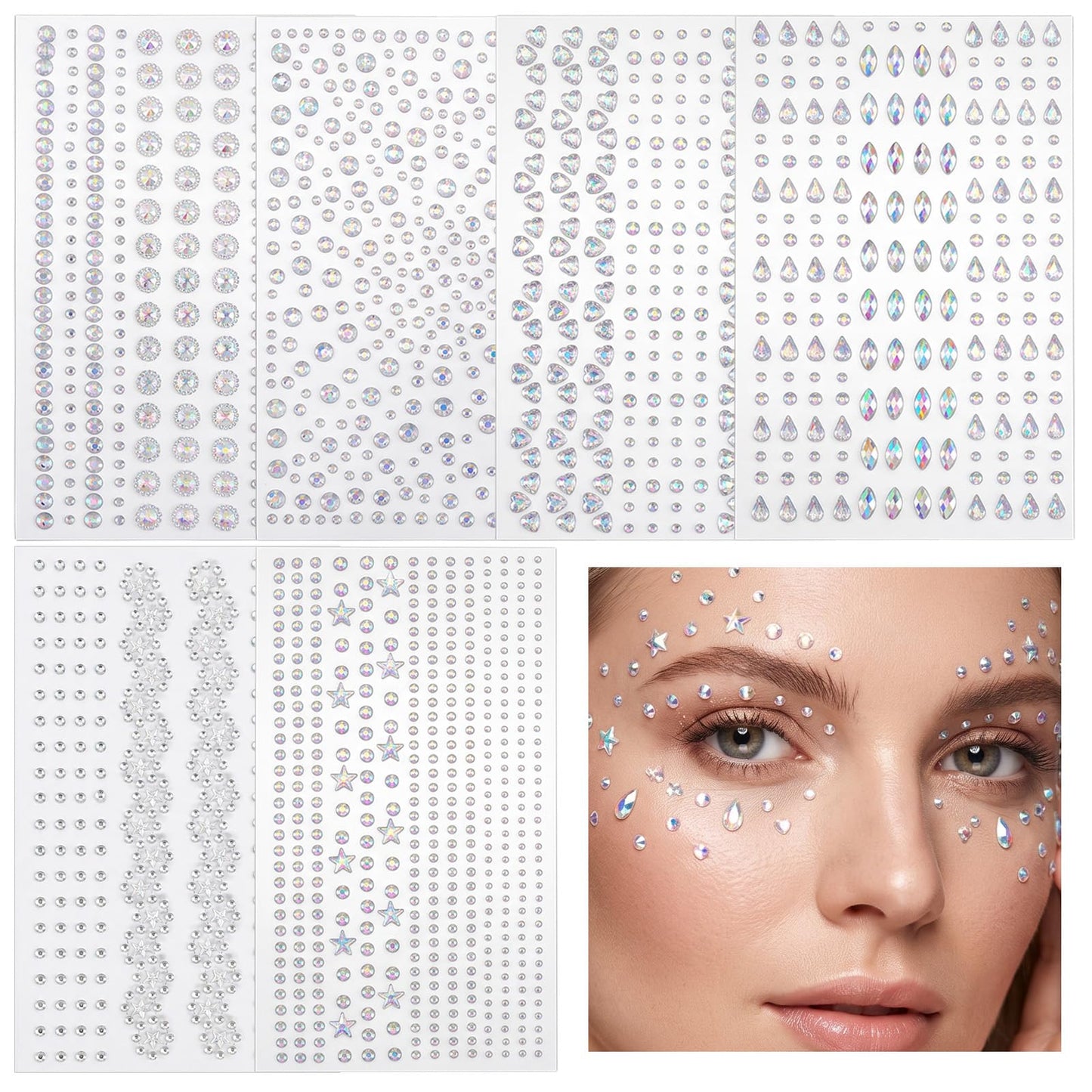 Pack of 1965 Self-Adhesive Glitter Gems, 6 Sheets of Glitter Stones Face