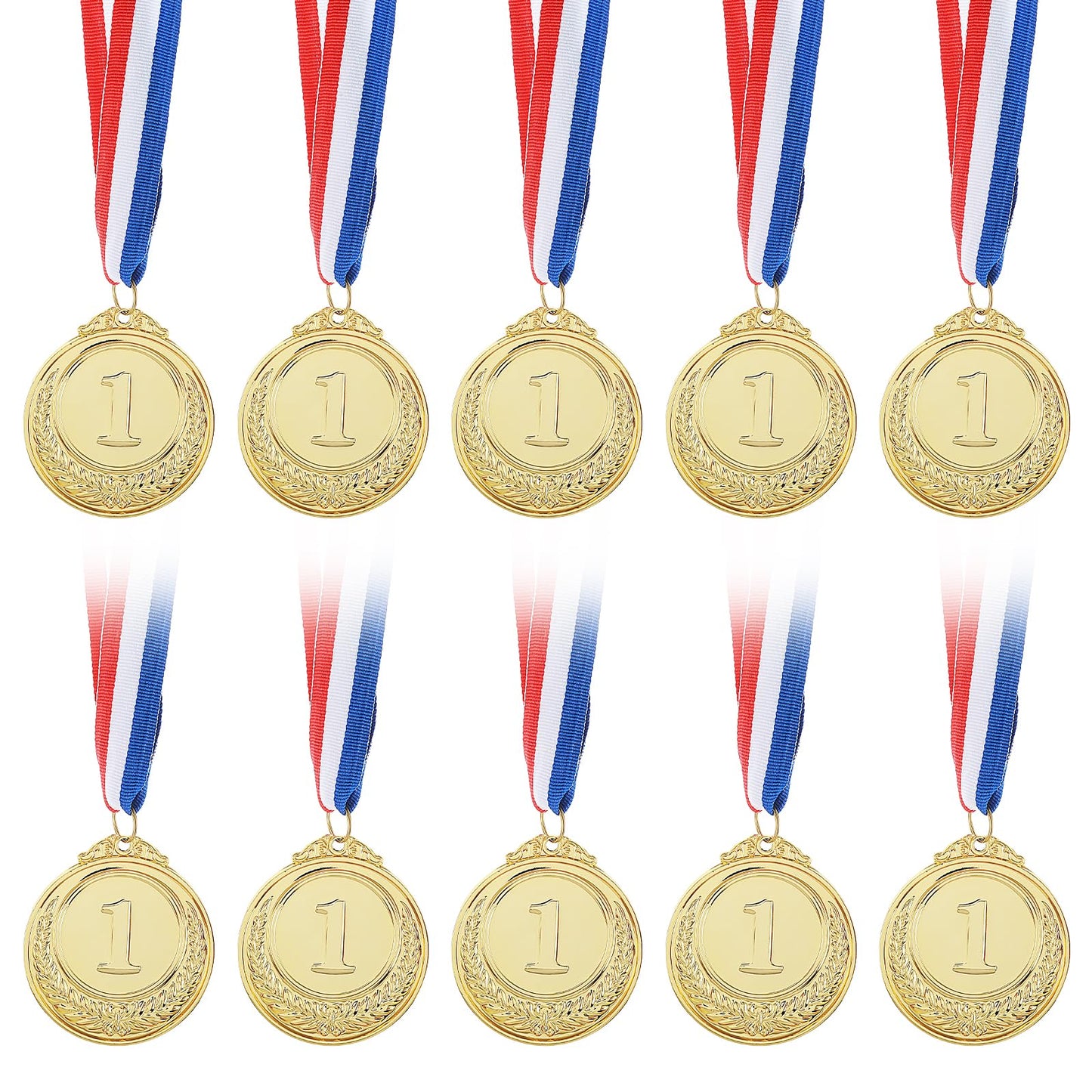 10 Pieces Gold Award Medals, 1st Place Winner Medals for All Ages Winner Medals Gold Prizes with 15.5 Inch Red White and Blue Ribbon for Sports Competitions Party Spelling Bees Olympic Style 2 Inches