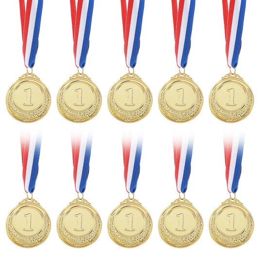 10 Pieces Gold Award Medals, 1st Place Winner Medals for All Ages Winner Medals Gold Prizes with 15.5 Inch Red White and Blue Ribbon for Sports Competitions Party Spelling Bees Olympic Style 2 Inches