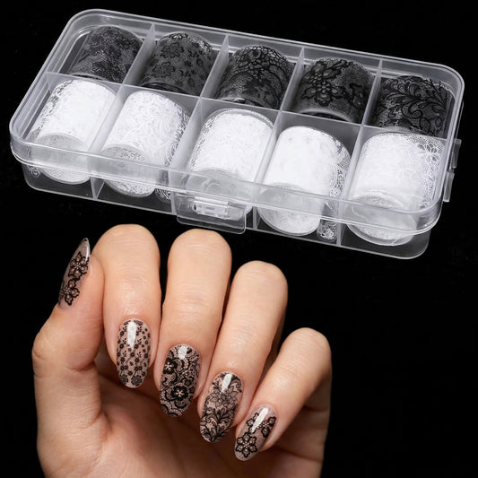 10 Rolls White & Black Lace Nail Foil Starry Sky Flower Nails Foils Transfer Nail Art for DIY Acrylic Nails Manicure Decoration