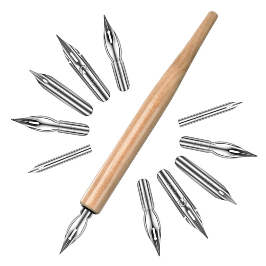 ZEYIYER 11 Pcs Comic Pen Nib Set, G Pen Ink Nib, Wooden Drawing Pens Holder with Stainless Steel Dip Pens for Drawing Writing, Calligraphy