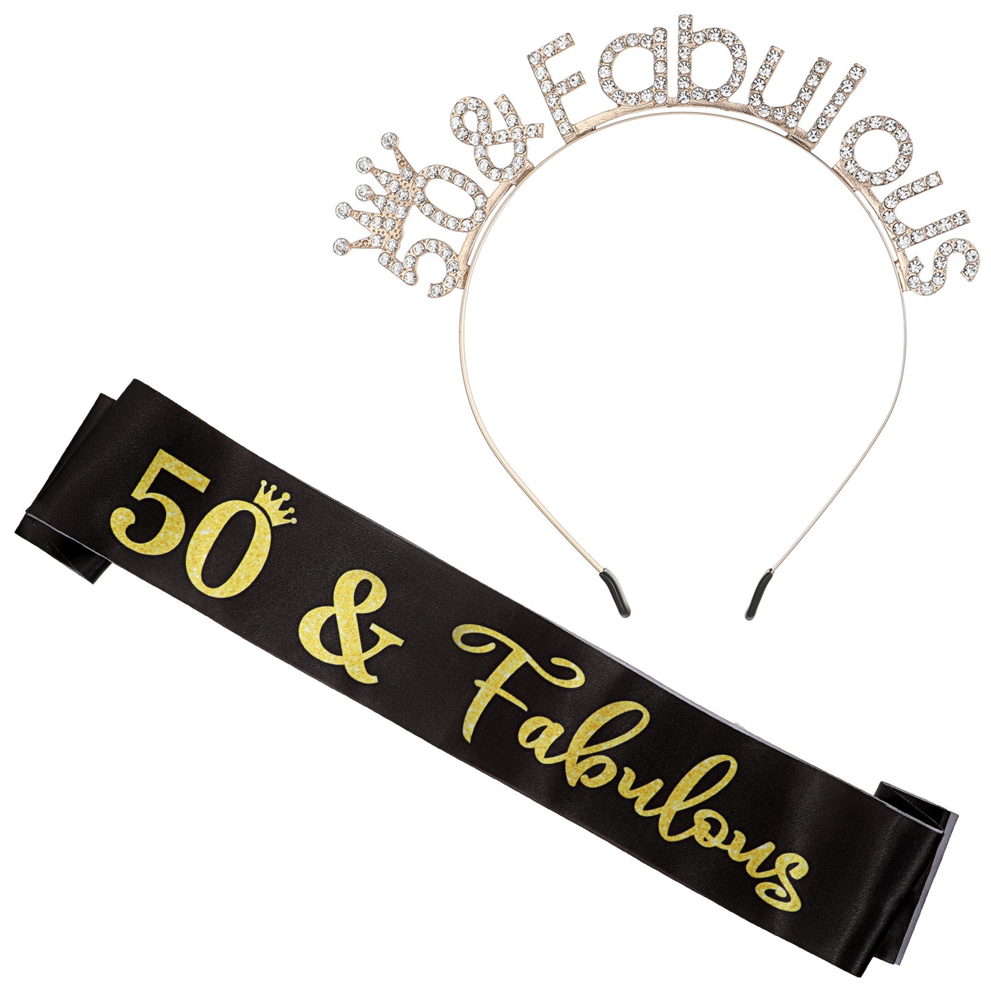 50th Birthday Decorations for Women, Birthday Women's Gold Crystal Crown and Sash Set 50th Bday Gifts for Women 50 & Fabulous Party Supplies 50 Bday Decorations