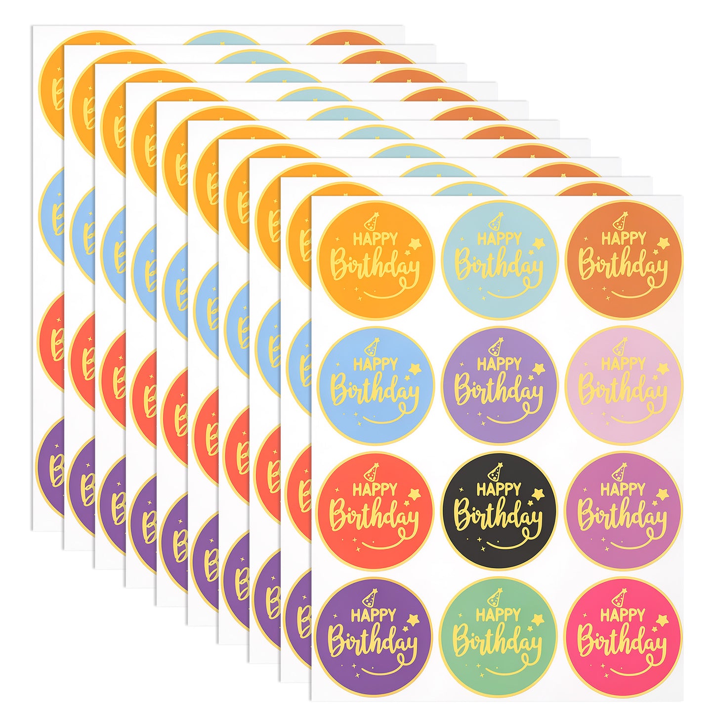 PEOVLVN 120 Pcs Happy Birthday Stickers, 2 Inch Self Adhesive Happy Birthday Sticker Personalized Gold Foil Round Envelope Stickers for Card Envelope Gift Birthday Party Favor Supplies