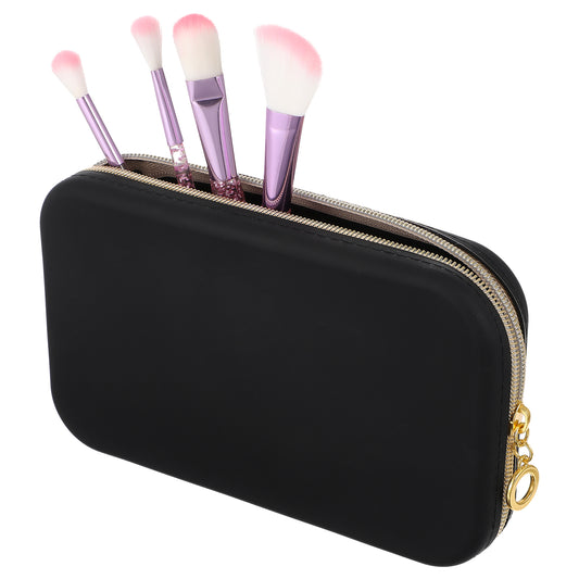 Travel Makeup Brush Holder, Silicone Makeup Bag with Zipper Closure, Portable Washable Travel Makeup Brush Case for Makeup Tools, for Daily, Travel, Work (Black)