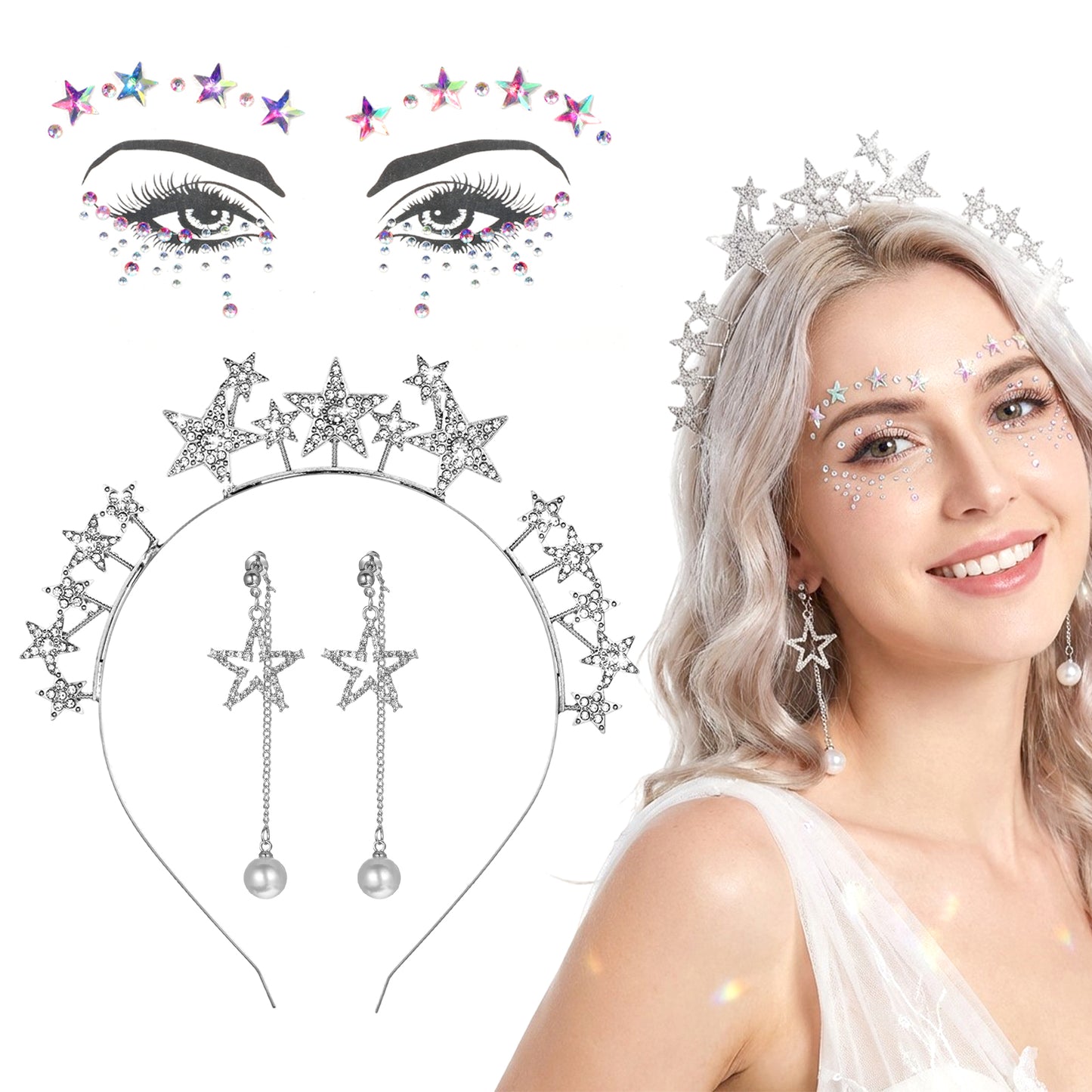 1 Set Star Headbands Star Earrings Glitzer Strass Gesicht Aufkleber Crystal Goddess Star-Headband with Earrings for Wedding Karneval Fasching Halloween Festival Costume Cosplay Party Accessoires