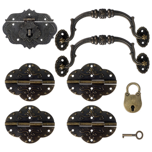 1 Set Vintage Locking Handle Hinge Kit, Antique Bronze Decorative Hardware with Screws, Includes Carrying Handle, Hasp & Lock for DIY Jewelry Box, Wooden Case, Treasure Chest (Zinc Alloy)