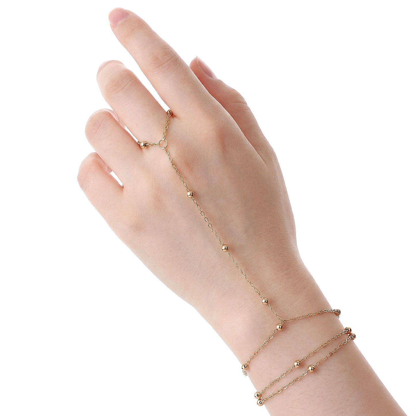 Axafazup Gold Hand Chain Bracelet for Women Link Chain with Finger Ring, Long Layered Beaded Gold Bracelets Jewelry Dainty Trendy Gift