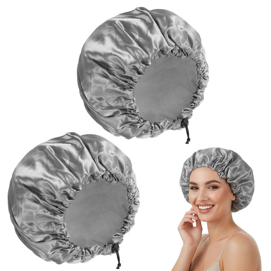 1 Pc Reusable Shower Cap for Women, Grey Double Layer PEVA Lined Waterproof Bath Caps with Adjustable Drawstring, Hair Cap for Short Hair (Spa & Home Use)