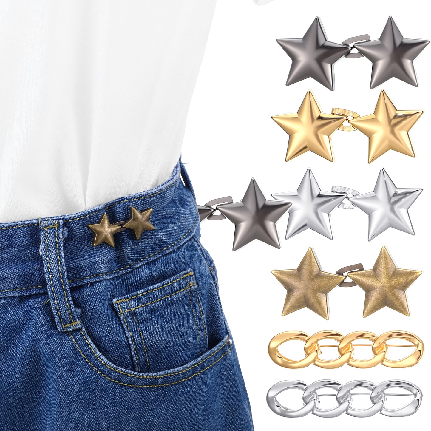 10 Set Star Pant Waist Tightener Star Buttons Pins Adjustable Waist Buckle Set No Sewing Required Buttons No Tools Metal Star Brooch for Clothing Dresses Skirts No Sewing Decoration Accessories