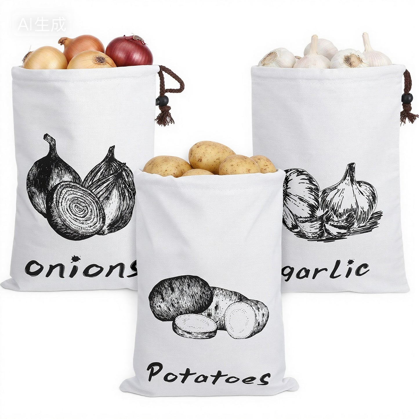 3 Pack Potato, Onion & Garlic Storage Bag, Fabric Canvas Onion and Potatoes Storage Bag, Reusable Drawstring Produce Bags, Washable Garlic Potatoes Onions Keeper for Freshness Storage(10.23*13.77in)
