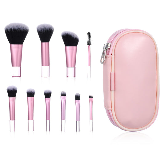 10 PCS Mini Travel Makeup Brush Set with Pouch, Pink Portable Travel Makeup Brushes for Foundation Eyeshadow Powder Blush Contour & Concealer