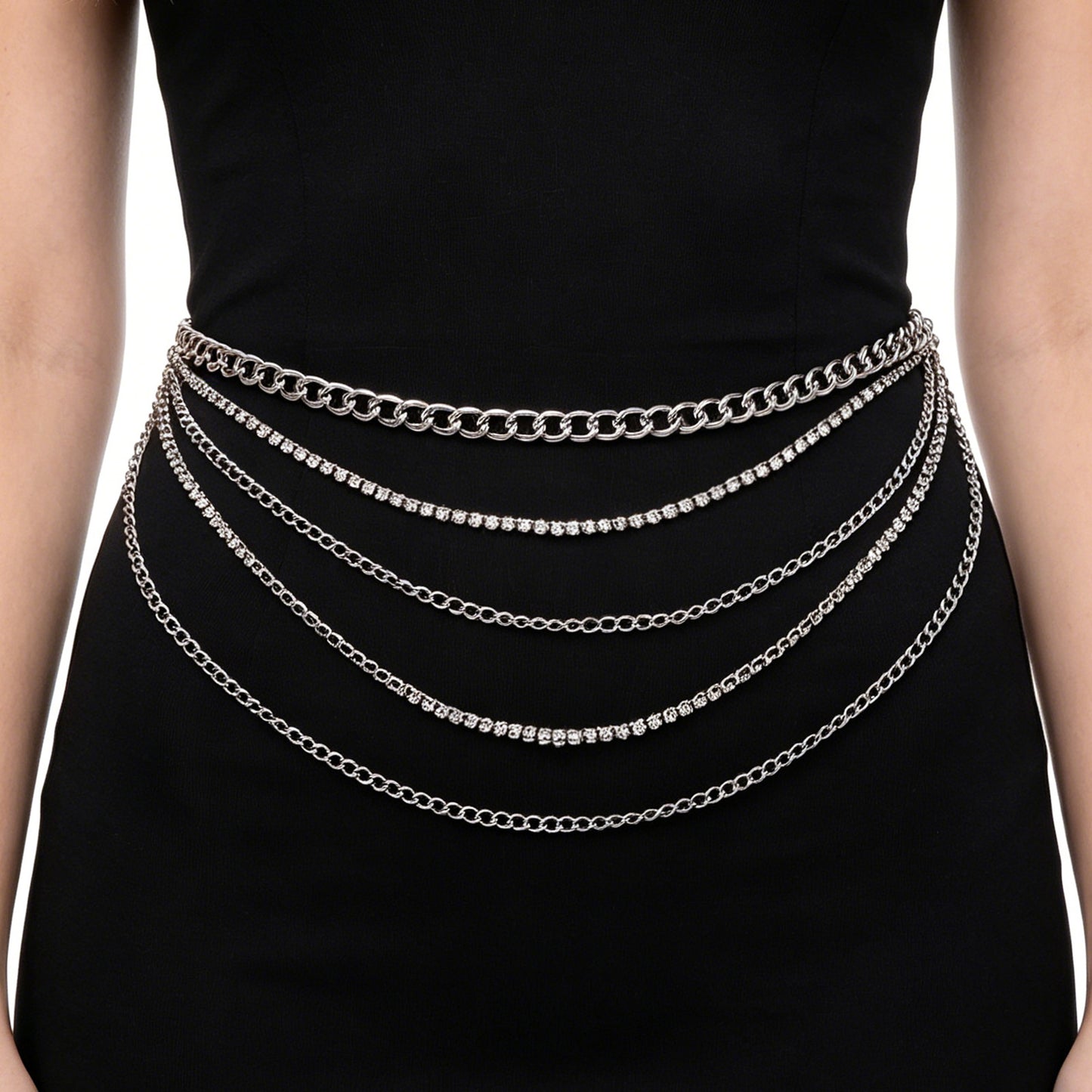 Macuezu Silver Chain Belt, 42.5in Layered Adjustable Waist Chains, Bohemian Rhinestones Belly Waistband for Women Girls