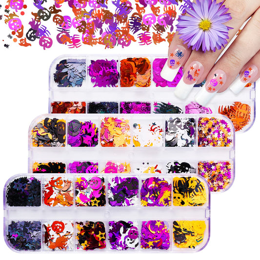 ASTER Nail Makeup Art Glitter Sequins, 3 Boxes 3D Holographic Pumpkin Skull Spider Bat Ghost Witch Shape Confetti Glitter Flakes for Nails Design Halloween Party Makeup