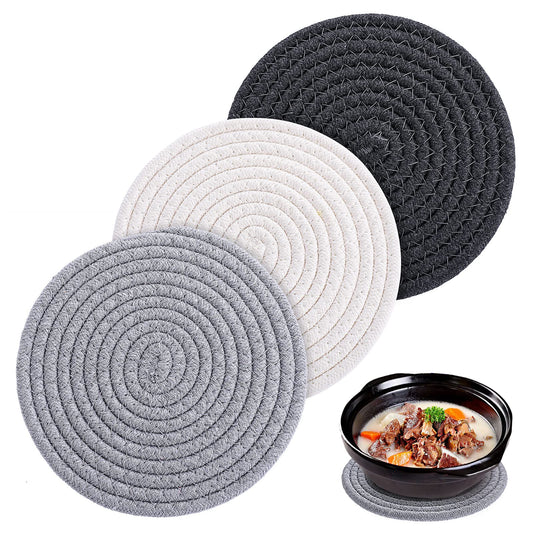 ASTER Cotton Round Pot Holders for Kitchen, 3Pcs 7Inch Heat Resistant Trivets for Hot Dishes, Hot Pot Holder, Stylish Large Coasters & Hot Mats, 100% Cotton, Black, Set of 3