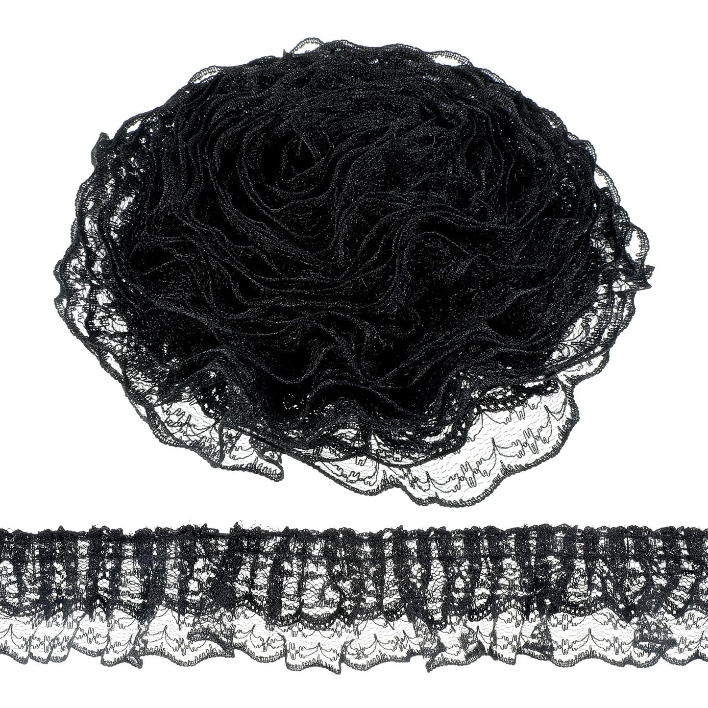 Lace Banana 4.5 m Pleated Lace Trim, Double Layered Black Lace Trim