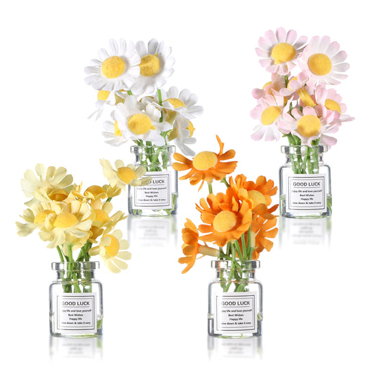 Axafazup Daisy Flower Car Dashboard Decorations for Women, 4Pcs Cute Car Accessories With Glass Vase and No-Residue Adhesive Dots, Spring Aesthetic Interior Decor and Gift